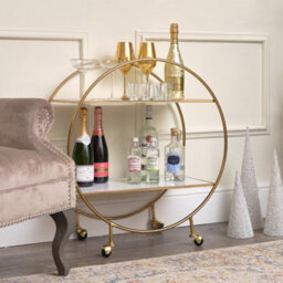 Melody Maison Gold & Marble Round Bar Cart Drinks Trolley - thumbnail 4