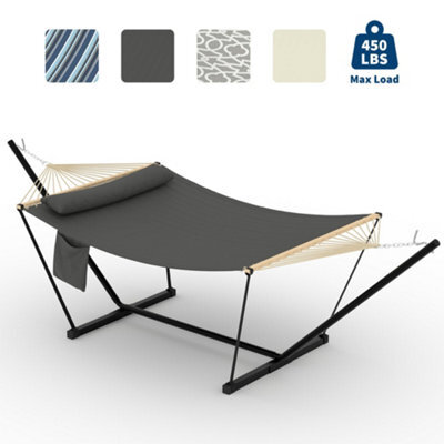 2 Person Double Hammock With Adjustable Steel Stand, Wooden Spreader Bar, Detachable Pillow, Dark Gray, 12Ft - image 1