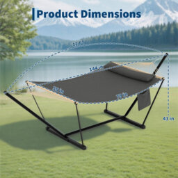 2 Person Double Hammock With Adjustable Steel Stand, Wooden Spreader Bar, Detachable Pillow, Dark Gray, 12Ft - thumbnail 8