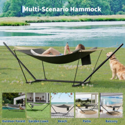 2 Person Double Hammock With Adjustable Steel Stand, Wooden Spreader Bar, Detachable Pillow, Dark Gray, 12Ft - thumbnail 5