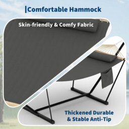 2 Person Double Hammock With Adjustable Steel Stand, Wooden Spreader Bar, Detachable Pillow, Dark Gray, 12Ft - thumbnail 3