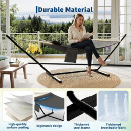 2 Person Double Hammock With Adjustable Steel Stand, Wooden Spreader Bar, Detachable Pillow, Dark Gray, 12Ft - thumbnail 4
