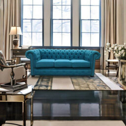 Chesterfield 3 Seater Sofa Cantare Teal Blue Easy Clean Fabric In Classic Style - thumbnail 5