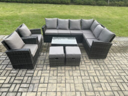 Fimous 10 Seater High Back Outdoor Garden Furniture Set Rattan Corner Sofa Set With Rectangular Coffee Table 2 Small Footstools - thumbnail 1