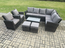 Fimous 10 Seater High Back Outdoor Garden Furniture Set Rattan Corner Sofa Set With Rectangular Coffee Table 2 Small Footstools - thumbnail 2