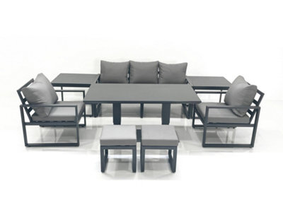 Fimous Outdoor Aluminium Garden Furniture Set With Adjustable Rising Lifting Dining Table Small Footstools 2 Side Tables Dark Grey - image 1