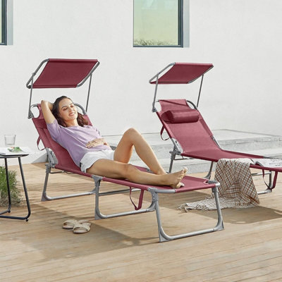 Songmics Folding Lounger, Sun Bathing Deck Chair With Adjustable Backrest, Sun Visor For Poolside Or Garden, Red - image 1