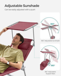 Songmics Folding Lounger, Sun Bathing Deck Chair With Adjustable Backrest, Sun Visor For Poolside Or Garden, Red - thumbnail 5