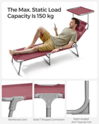 Songmics Folding Lounger, Sun Bathing Deck Chair With Adjustable Backrest, Sun Visor For Poolside Or Garden, Red - thumbnail 7