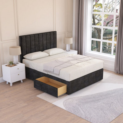 Sloomy Kansas Black Plush 4Ft6 Memory Foam Bed Set With 2 Drawers, Mattress & Headboard- Double - image 1