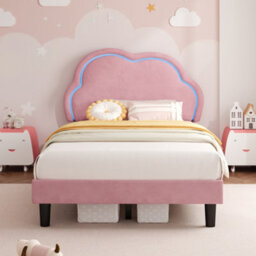 Modernluxe 3Ft Single Bed, 90X190 Cm, With Led Adjustable Cute Cloud Headboard, Solid Wood Slat, Velvet, Pink - thumbnail 2