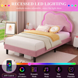 Modernluxe 3Ft Single Bed, 90X190 Cm, With Led Adjustable Cute Cloud Headboard, Solid Wood Slat, Velvet, Pink - thumbnail 6