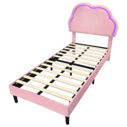 Modernluxe 3Ft Single Bed, 90X190 Cm, With Led Adjustable Cute Cloud Headboard, Solid Wood Slat, Velvet, Pink - thumbnail 9