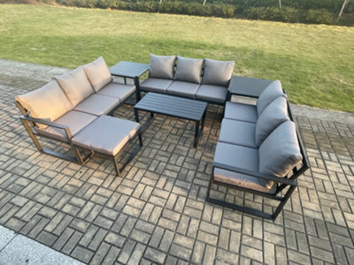 Fimous Aluminium 10 Seater Outdoor Garden Furniture Set Oblong Coffee Table Big Footstool Side Table Sets With Cushions Dark Grey - image 1