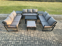 Fimous Aluminium 10 Seater Outdoor Garden Furniture Set Oblong Coffee Table Big Footstool Side Table Sets With Cushions Dark Grey - thumbnail 2