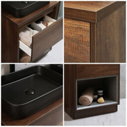 Homestylestore Dark Oak 600mm Bathroom Vanity Unit Rectangular Countertop Graphite Basin Open Shelf - thumbnail 2