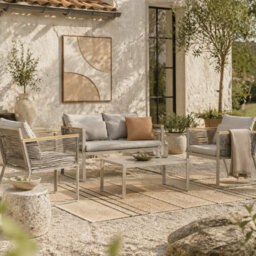 Wyld Haus Rotoyo Kaha Grey 4-Seater Rattan-Style Outdoor Sofa Set With Cushions And Tempered Glass Coffee Table