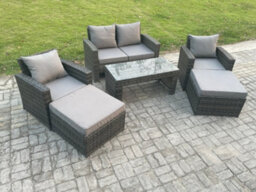 Fimous 6 Seater High Back Rattan Garden Furniture Sofa Sets With Rectangular Coffee Table Armchair 2 Big Footstool - thumbnail 2