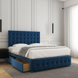 REGIONAL FURNISHINGS Luxury Divan Bed Set Blue Plush Velvet 24Inch Headboard & Footboard & Mattress No Drawers In 3Ft 4Ft 4Ft6 5Ft 6Ft Sizes