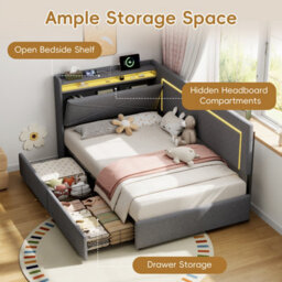 Abrihome 3Ft Single Daybed With Two Storage Drawers, Led Headboard With Charging Station, Modern Linen Sofa Bed For Living Room, Grey - thumbnail 3