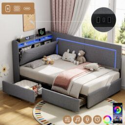 Abrihome 3Ft Single Daybed With Two Storage Drawers, Led Headboard With Charging Station, Modern Linen Sofa Bed For Living Room, Grey - thumbnail 6