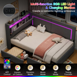 Abrihome 3Ft Single Daybed With Two Storage Drawers, Led Headboard With Charging Station, Modern Linen Sofa Bed For Living Room, Grey - thumbnail 4