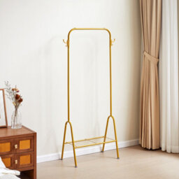 Freestanding Gold Metal Hanging Garment Clothes Rack With Bottom Shelf And Hooks 147Cm (H) - thumbnail 2