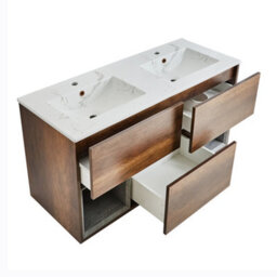 Homestylestore 1212mm Dark Oak Wall Hung Bathroom Vanity Unit Led Lit Open Shelf Marble Effect Basin - thumbnail 2
