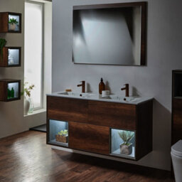 Homestylestore 1212mm Dark Oak Wall Hung Bathroom Vanity Unit Led Lit Open Shelf Marble Effect Basin - thumbnail 3
