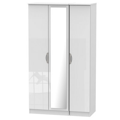 Chelsea Ready Assembled Contemporary Gloss White Tall Triple With Mirror Wardrobe (H)1970mm (W)1110mm (D)530mm - image 1