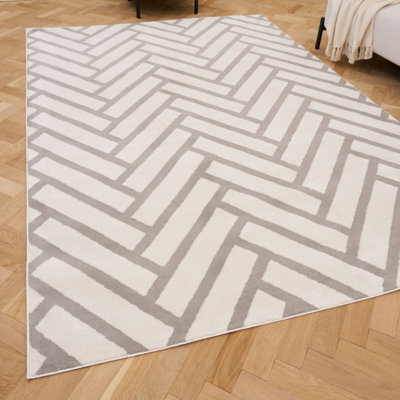 The Rugs Loft Light Grey And Ivory Herringbone Living Room Area Rug And Runners Soft Pile - image 1