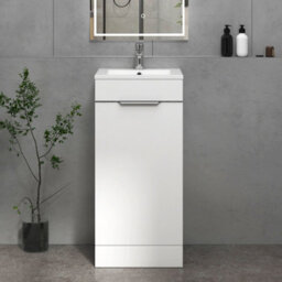Royal Bathrooms Royal Bathroom Turin 400mm Floor Standing Cloakroom Vanity Unit With 1 Tap Hole Ceramic Basin 1 Door Storage Cabinet - Gloss White - thumbnail 1