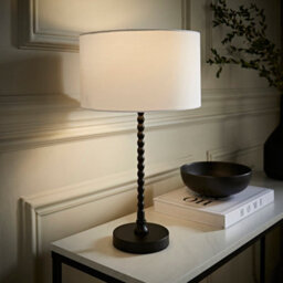 Valuelights Maeve White Fabric Drum Lamp Shade Matte Black Bobbin Bobble Table Lamp - thumbnail 1