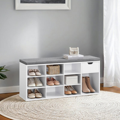Vasagle Entryway Storage Bench With Cushion, Drawer And Open Compartments, White And Gray - image 1
