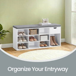 Vasagle Entryway Storage Bench With Cushion, Drawer And Open Compartments, White And Gray - thumbnail 4