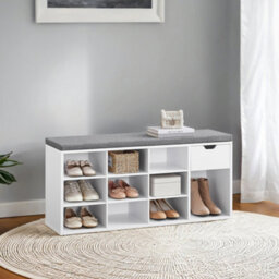 Vasagle Entryway Storage Bench With Cushion, Drawer And Open Compartments, White And Gray