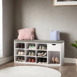 Vasagle Entryway Storage Bench With Cushion, Drawer And Open Compartments, White And Gray - thumbnail 3