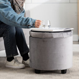 Hnnhome 45Cm Round Grey Velvet Padded Seat Ottoman Storage Stool Box, Footstool Pouffes Chair With Lids - thumbnail 6