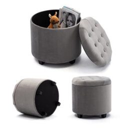 Hnnhome 45Cm Round Grey Velvet Padded Seat Ottoman Storage Stool Box, Footstool Pouffes Chair With Lids - thumbnail 4