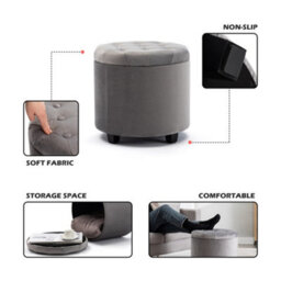 Hnnhome 45Cm Round Grey Velvet Padded Seat Ottoman Storage Stool Box, Footstool Pouffes Chair With Lids - thumbnail 2