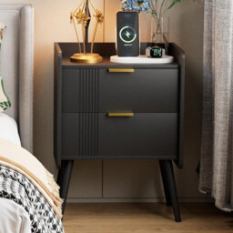 Huhote Black Wooden Bedside Table Nightstand End Table With 2 Storage Drawers Bedroom 41X30X58 Cm Bedside Cabinet - thumbnail 2