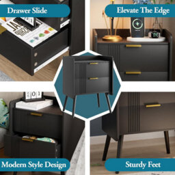 Huhote Black Wooden Bedside Table Nightstand End Table With 2 Storage Drawers Bedroom 41X30X58 Cm Bedside Cabinet - thumbnail 7