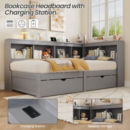 Merax 3Ft L-Shape Daybed 90X190 Cm, Wooden Bed With 2 Storage Drawers, Bookcase Headboard & Charging Station, Grey - thumbnail 6
