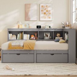 Merax 3Ft L-Shape Daybed 90X190 Cm, Wooden Bed With 2 Storage Drawers, Bookcase Headboard & Charging Station, Grey - thumbnail 2