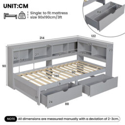 Merax 3Ft L-Shape Daybed 90X190 Cm, Wooden Bed With 2 Storage Drawers, Bookcase Headboard & Charging Station, Grey - thumbnail 4