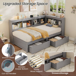 Merax 3Ft L-Shape Daybed 90X190 Cm, Wooden Bed With 2 Storage Drawers, Bookcase Headboard & Charging Station, Grey - thumbnail 5