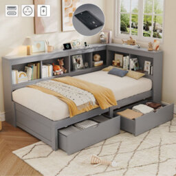 Merax 3Ft L-Shape Daybed 90X190 Cm, Wooden Bed With 2 Storage Drawers, Bookcase Headboard & Charging Station, Grey - thumbnail 1