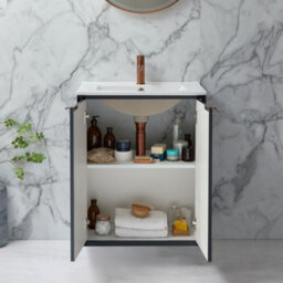 Homestylestore Anthracite 610mm Wall Hung Bathroom Vanity Unit With Basin And Brushed Copper Finger Pull Handle - thumbnail 2