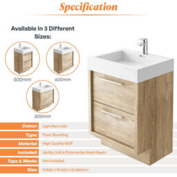 Plum&clay Walter Light Bare Wood Floor Standing Bathroom Vanity Unit With Polymarble Resin Basin (W)600mm - thumbnail 5