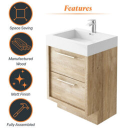 Plum&clay Walter Light Bare Wood Floor Standing Bathroom Vanity Unit With Polymarble Resin Basin (W)600mm - thumbnail 6